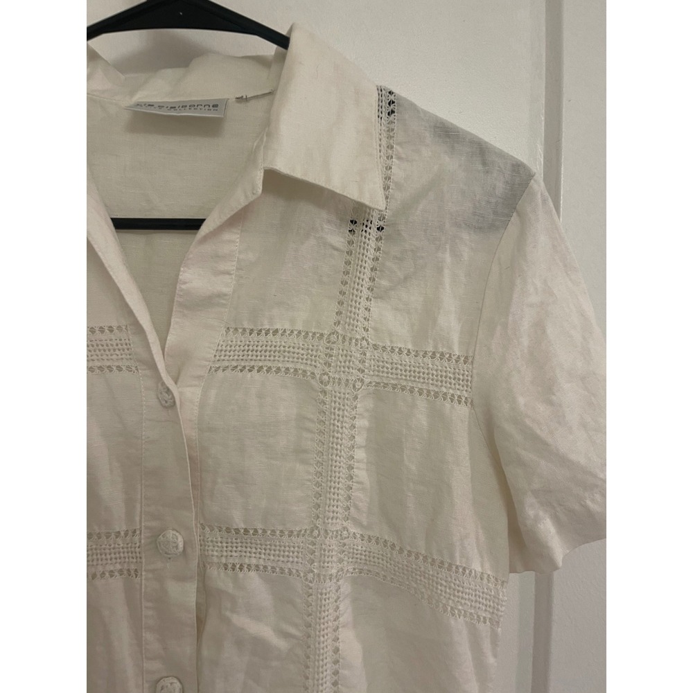 Vintage Linen White Crochet Button Up Blouse Chic Cottagecore 90s - Picture 4 of 6